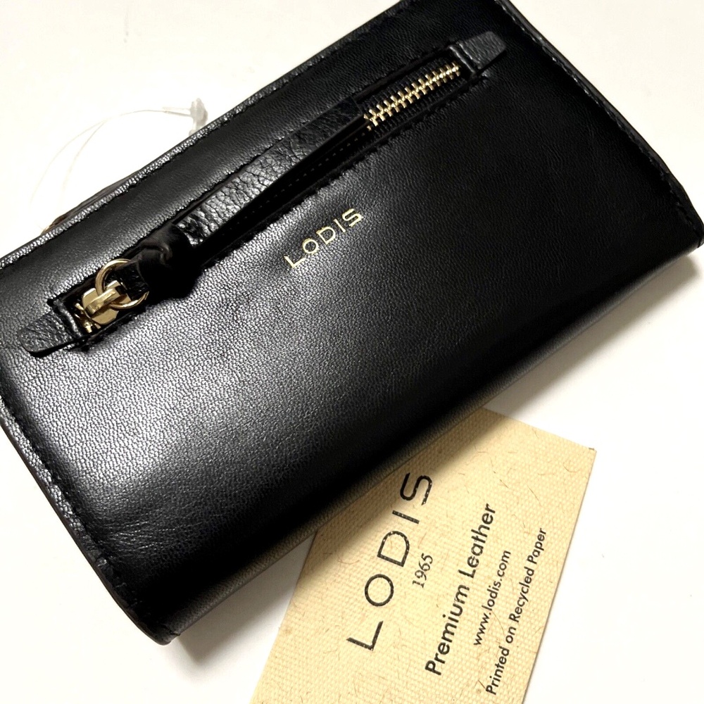 NWT Lodis RFID Bifold Wallet Black Leather Zip Pocket Card Holder 6"